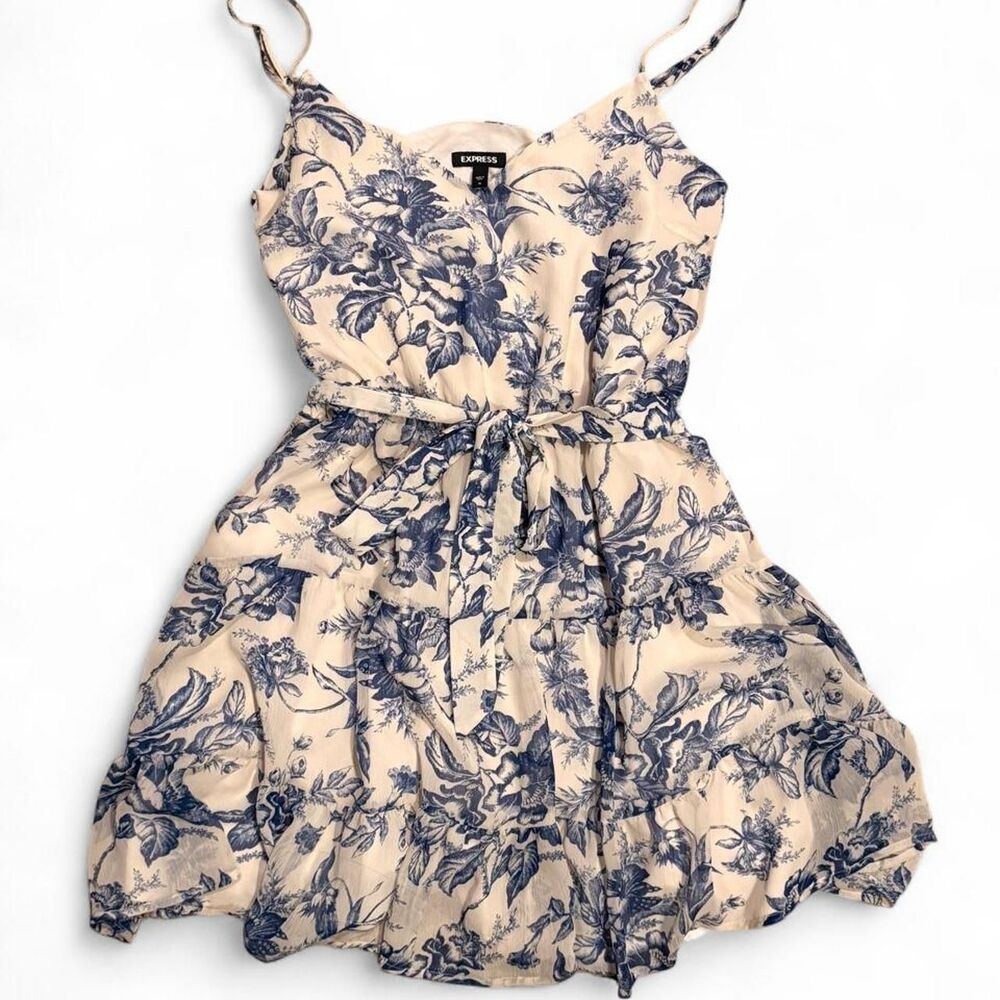 Express Blue White Floral Tiered Belted Dress Size XL